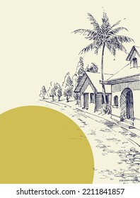 Beach village street, palm trees and buildings with space for text