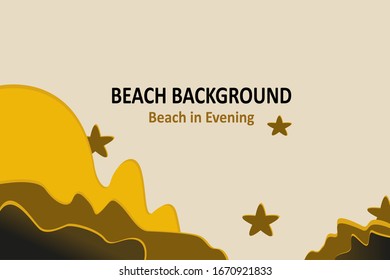 Beach, vintage, evening background, beach background vector with starfish on the sands. Paper cut background with dark color of water.