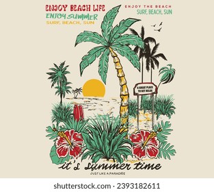 Beach vintage print design artwork. Summer good vibes. Paradise Print t shirt graphics design, typography slogan on palm trees background.