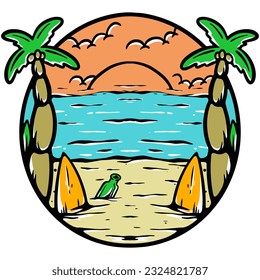 Obra de arte de la vintage de la playa vigas de la puesta del sol de surf por la cerveza de paja