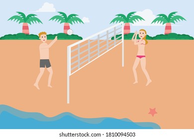 Beach volley ball vector concept: Young woman and man playing volley ball on the beach together 