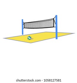 Beach volley net and ball on the court of send. Vetor illustration symbols of beach volleyball. 