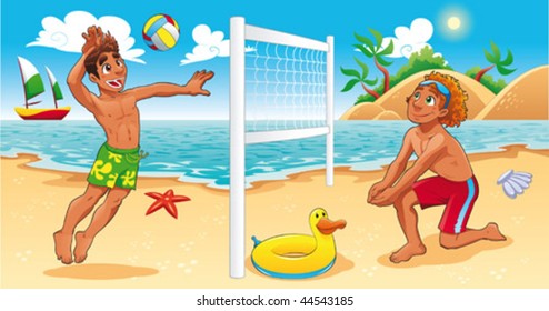 Beach Volley Scene. Funny Cartoon And Vector Sport Illustration. Isolated Objects