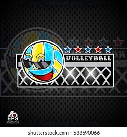 Beach volleyball ball character with sunglasses in front of net. Vector sport logo for any team and championship