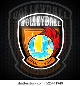 Beach volleyball ball with fire trail in center of shield. Vector sport logo for any team and championship