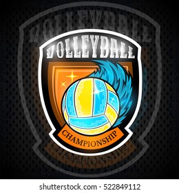 Beach volleyball ball with wind trail in center of shield. Vector sport logo for any team and championship