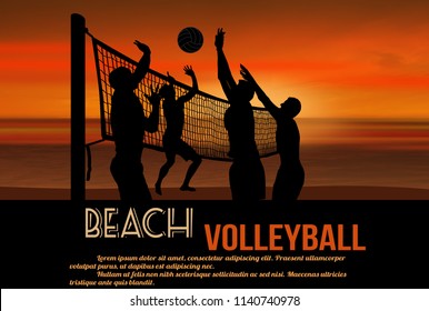 Beach volleyball at beautiful sunset poster with space for your text,, vector illustration