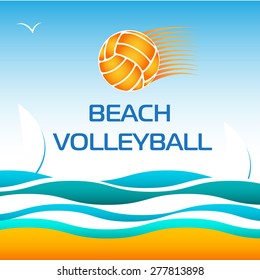 Beach Volleyball Bright Vector Design Element on Sea wave Background