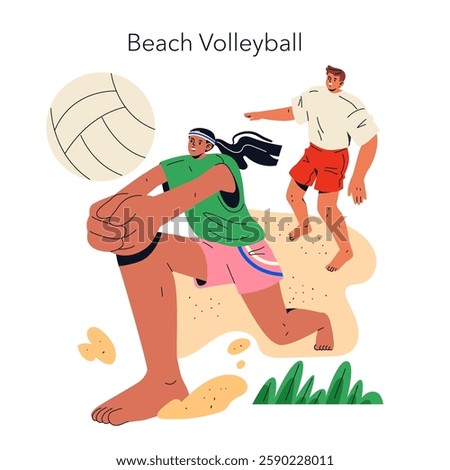 Beach Volleyball concept. Energetic scene of two players engaged in a lively game on the sand, demonstrating athleticism and teamwork. Perfect for conveying the thrill of sports during summer