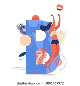 Beach volleyball concept illustration with capital letter B and young woman in swimsuit jumping for ball. Vector sport character drawn in vibrant blue and orange colors