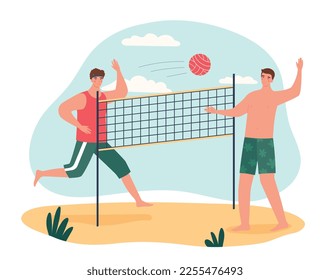 Beach volleyball concept. Men hit red ball with their hands. Active lifestyle and sports, competitions. Vacation on beach, summer season and hot weather. Cartoon flat vector illustration