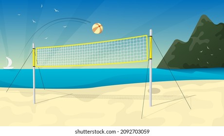 beach volleyball court with net against backdrop of seascape. Active rest and entertainment on summer vacation. Cartoon vector illustration