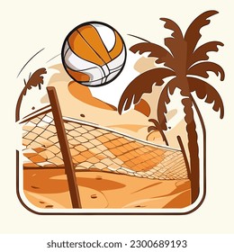 Beachvolleyballplatz mit Palmen am Strand. Sportdisziplinen. Cartoon, Vektorgrafik, weißer Hintergrund, Etikett, Aufkleber