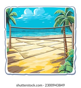 Beach volleyball court. Sports disciplines. cartoon vector illustration, white background, label, sticker