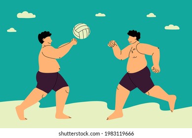 Beach Volleyball. Fat Happy Men Play Ball On The Beach. Plus Size Guys In Swimsuits. Flat Vector Isolated Illustration.