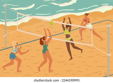 Beach volleyball female players in action vector poster. Women volleyball team play game in tournament on a beach. Girl attack and serve the ball