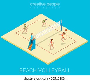 Beach volleyball field team match play sport modern lifestyle flat 3d web isometric infographic vector. Young joyful women group sports workout exercise. Creative sportsmen people collection.