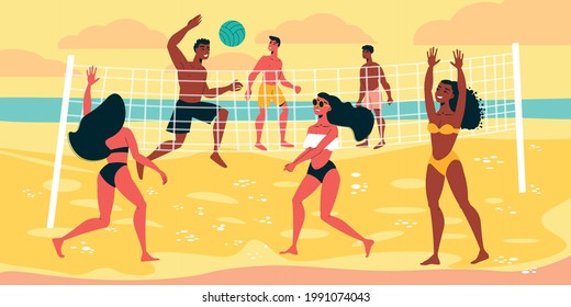 Beach volleyball flat colored background with two teams of young male and female characters in swimsuits playing on sandy coast vector illustration