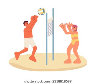 Beach volleyball flat vector spot illustration. Man and woman in swimsuit playing with ball over net 2D cartoon characters on white for web UI design. Summer game isolated editable creative hero image