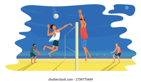 Beach volleyball game. Hitter attempts to spike a ball. Player jumps and blocks attack. Attack and defense concept. Competition between two teams. Side view flat design illustration