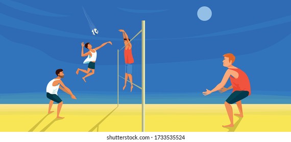 Beach volleyball game. Spiker is kicking the ball. The digger stands in a protective stance on bent knees. Player puts a block. Attack and defense. Full swing game. Competition between two teams. 