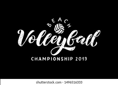 Beach volleyball hand written lettering logo with ball on black background. Vector illustration for banner, poster, flayer, clothes.