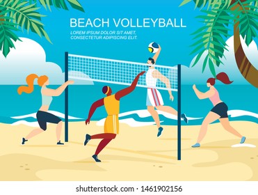 Beach Volleyball Horizontal Banner with Multiracial Teams Competition, Men and Women Playing Ball on Sandy Seaside with Basket. Summer Time Vacation, Healthy Lifestyle Cartoon Flat Vector Illustration