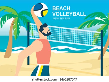 Beach Volleyball Horizontal Banner, Sportsman Throw Ball over Basket, Competition on Sandy Seaside with Palms. Summer Time Vacation, Healthy Lifestyle Activity, Sport. Cartoon Flat Vector Illustration