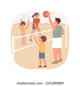 Beach volleyball isolated cartoon vector illustration. Family members play volleyball at the beach, two teams throwing ball over a net, active leisure time, summer vacation vector cartoon.