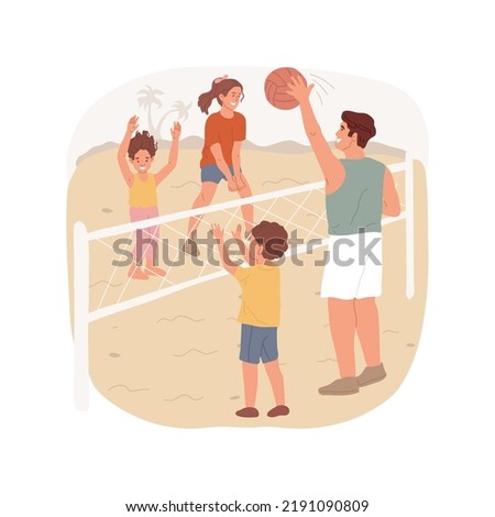 Beach volleyball isolated cartoon vector illustration. Family members play volleyball at the beach, two teams throwing ball over a net, active leisure time, summer vacation vector cartoon.