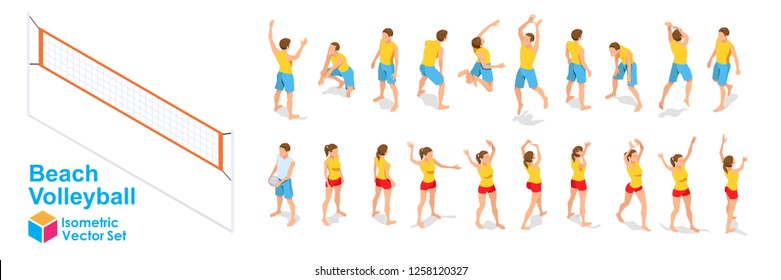 Beach Volleyball Isometric Player Figures Set. Volleyball Poses on White Background. Flat Design. Vector Illustration.