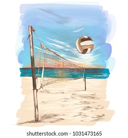 Beach Volleyball Landscape Sketch Vector Graphics Colored Drawing