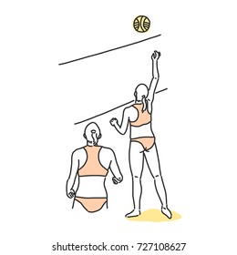 Beach volleyball line drawing illustration in various poses.