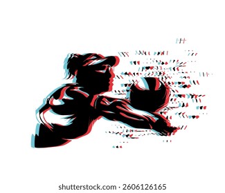 Beach volleyball logo, glitch effect, isolated vector silhouette. Beach volleyball women