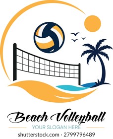 Beach Volleyball Logo with Net, Palm Tree and Tropical Sunset