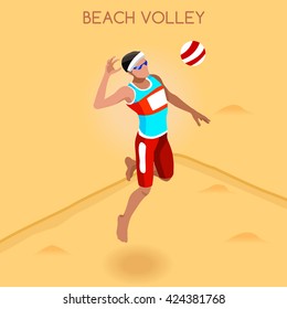 Beach Volleyball male Player beating ball Sportsman Games Icon Set. 3D Flat Isometric Beach Volleyball. Sporting Beach male Volley Match Competition. Sport Infographic events Volley Vector People
