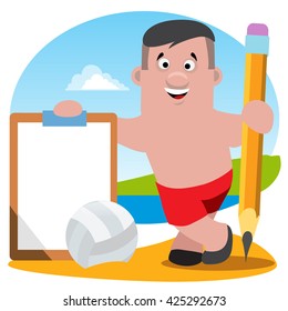 Beach volleyball. Man with a clipboard, pencil and ball.