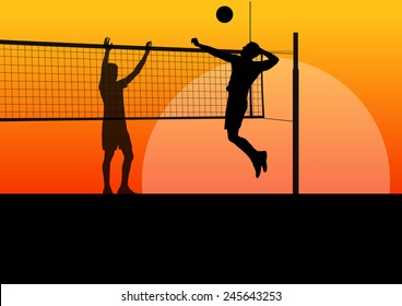 Beach Volleyball Man Player Vector Sunset Background Concept