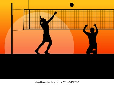 Beach volleyball man player vector sunset background concept