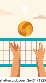 Beach Volleyball Match with Hands Raised and Ball in Midair