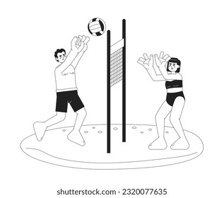 Beach volleyball monochrome vector spot illustration. Man and woman in swimsuit playing with ball over net 2D flat bw cartoon characters for web UI design. Isolated editable hand drawn hero image