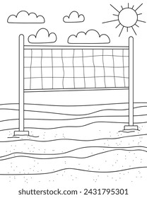 Beach volleyball net, beach. Coloring page, black and white vector illustration.