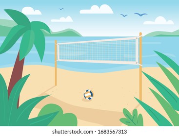 Beach volleyball net flat color vector illustration. Ball game outdoor cort. Summer vacation entertainment. Seacoast 2D cartoon landscape with water and tropical palm trees on background