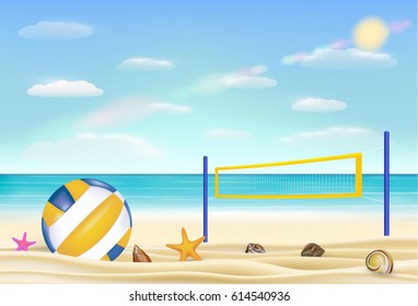 Beach Volleyball And Net On A Sand Beach With Bring Sea Sky Background