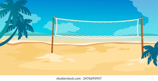 Ein Beachvolleyballnetz am Sandstrand mit Palmen und einem blauen Himmel im Hintergrund. Vektorillustration