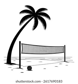 a beach volleyball net with palm tree silhouette vector design art and illustration (1)