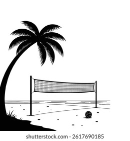 a beach volleyball net with palm tree silhouette vector design art and illustration (1)