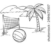 A beach volleyball net set up with a ball, framed by a palm tree and a clear sky.