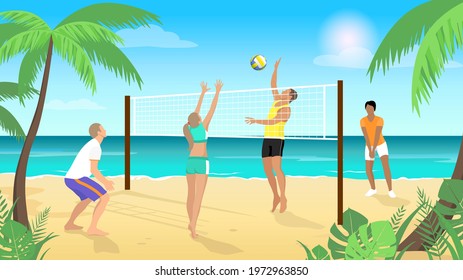 Beach volleyball. People play volleyball on the beach against the azure sea. Vector illustration.