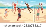 Beach volleyball. People playing sports game on seashore, mixed teams, guys and girls in swimsuits, ball through net, men and women on summer vacation, cartoon flat isolated tidy vector concept